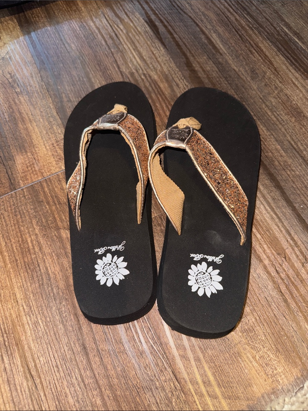 Yellow Box Black Flip Flops with Brown Glitter Straps